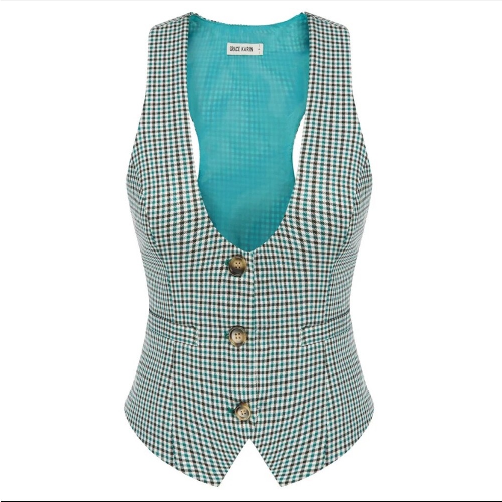 Grace Karin Checkered Vest with Brown Buttons